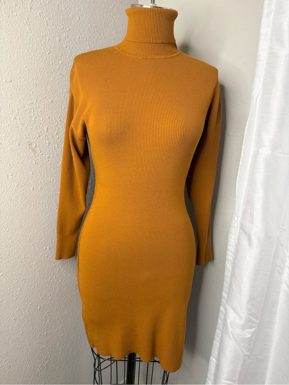 A.L.C. camel ribbed knit turtleneck midi dress slit long sleeve bodycon XS